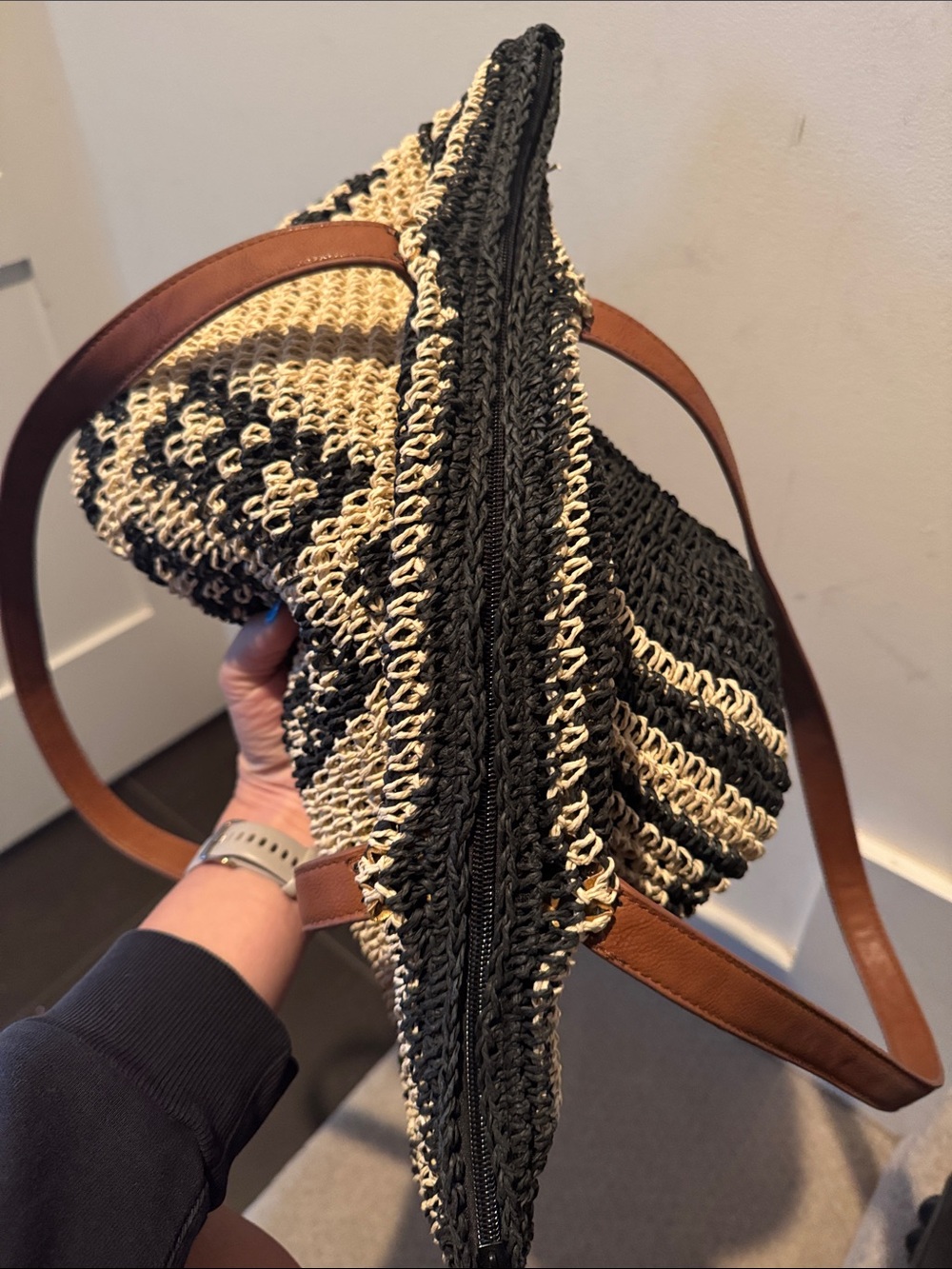 Billabong Woven Straw Tote Bag with Black Pattern and Brown Handles - Picture 3 of 6